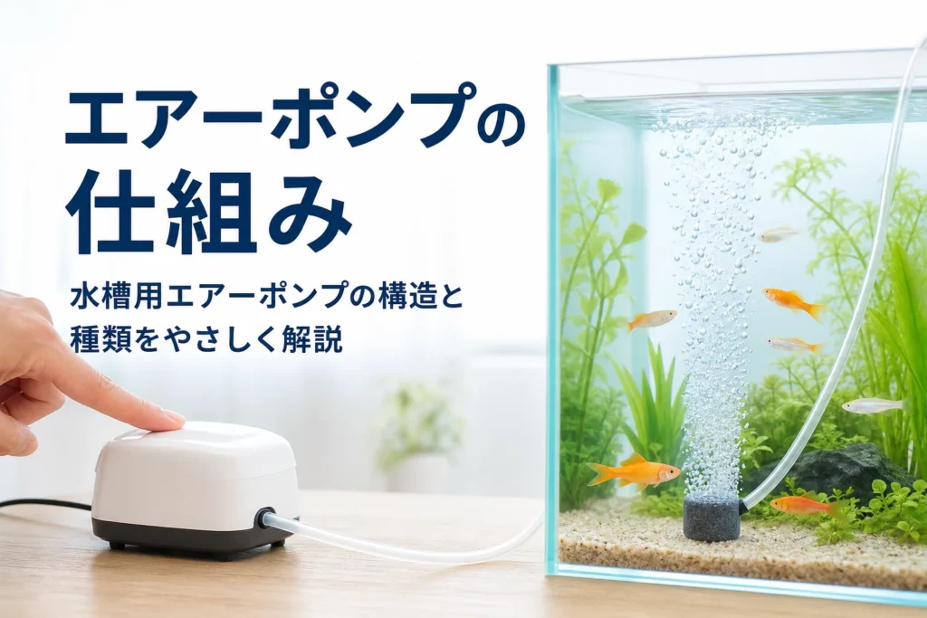 水槽の横に置いたエアーポンプからチューブで空気を送り、エアストーンから泡が立つ様子と記事タイトル