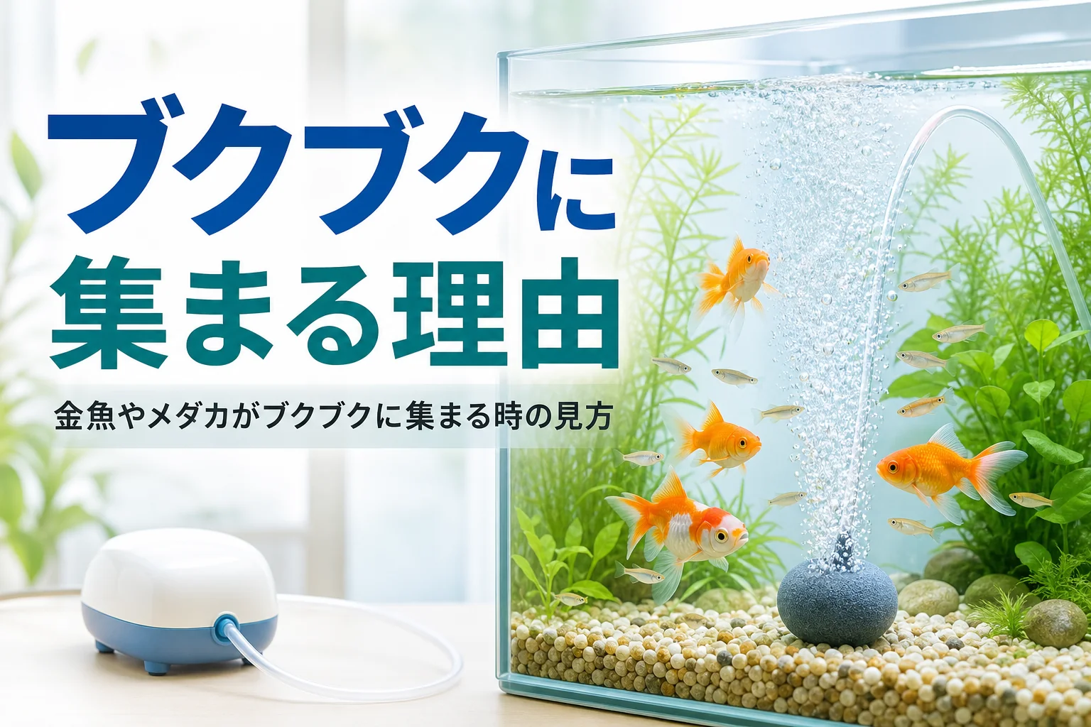 エアストーンの泡のまわりを金魚とメダカが泳ぐ水槽