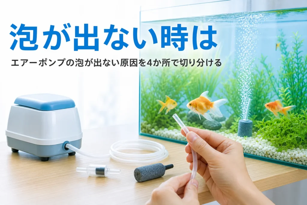 エアーポンプとチューブ・エアストーンを並べて確かめている水槽の横の様子