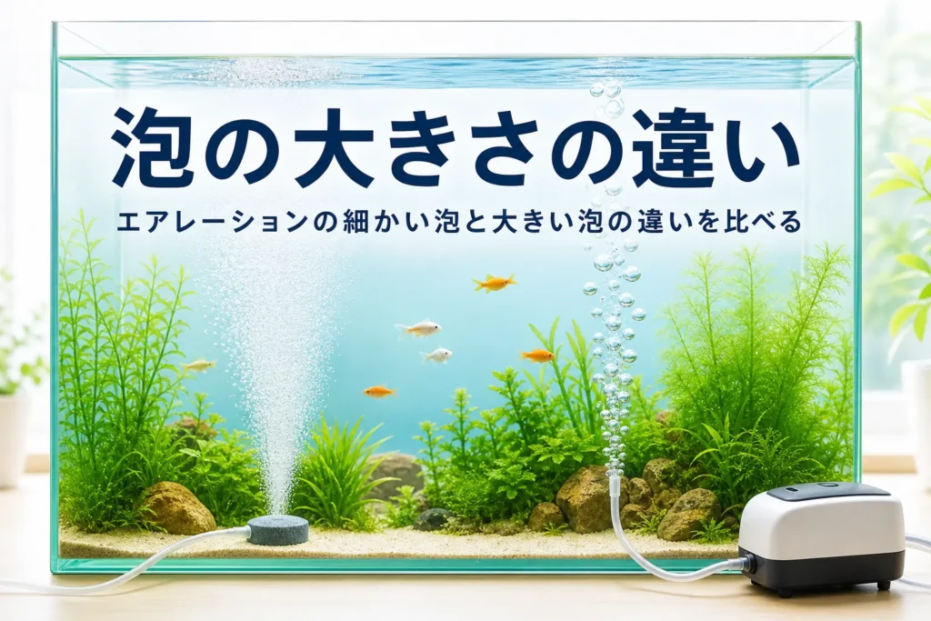 細かい泡と大きい泡が並んで上がる水槽