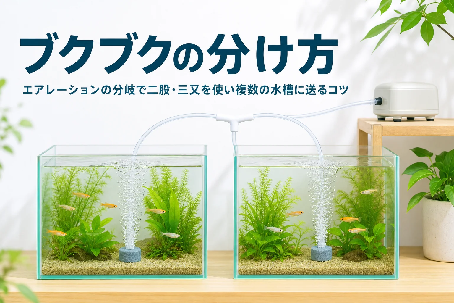 1台のエアーポンプから二股の分岐で2つの水槽に空気を送る様子と、エアレーションの分岐を紹介する記事タイトル