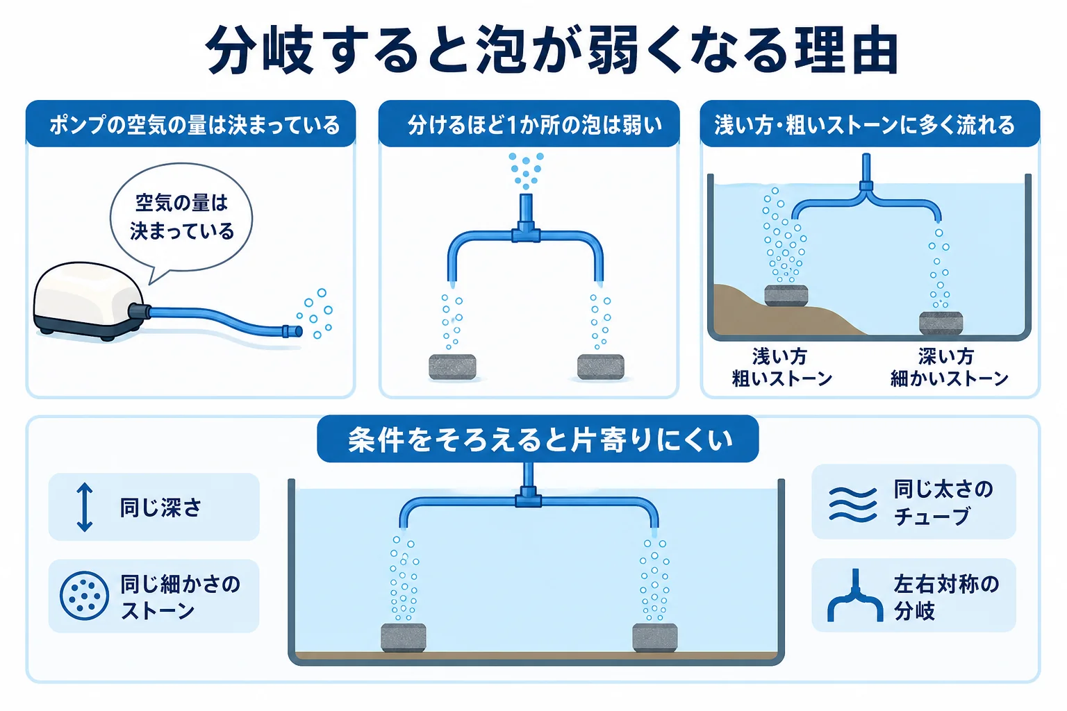 分岐の数が増えるほど1か所あたりの泡が弱くなる様子と、空気が通りやすい方へ流れる理由を示した図解
