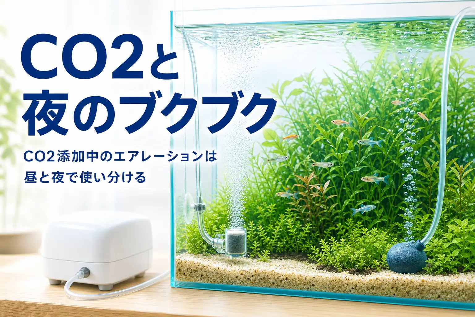 水草が茂る水槽でCO2の気泡とエアストーンが並ぶ様子