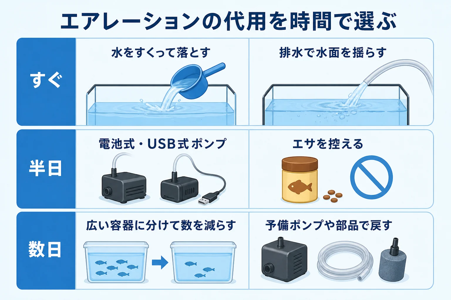 エアレーションの代用を、すぐできる・半日もつ・数日もつの3段階に分けた図解