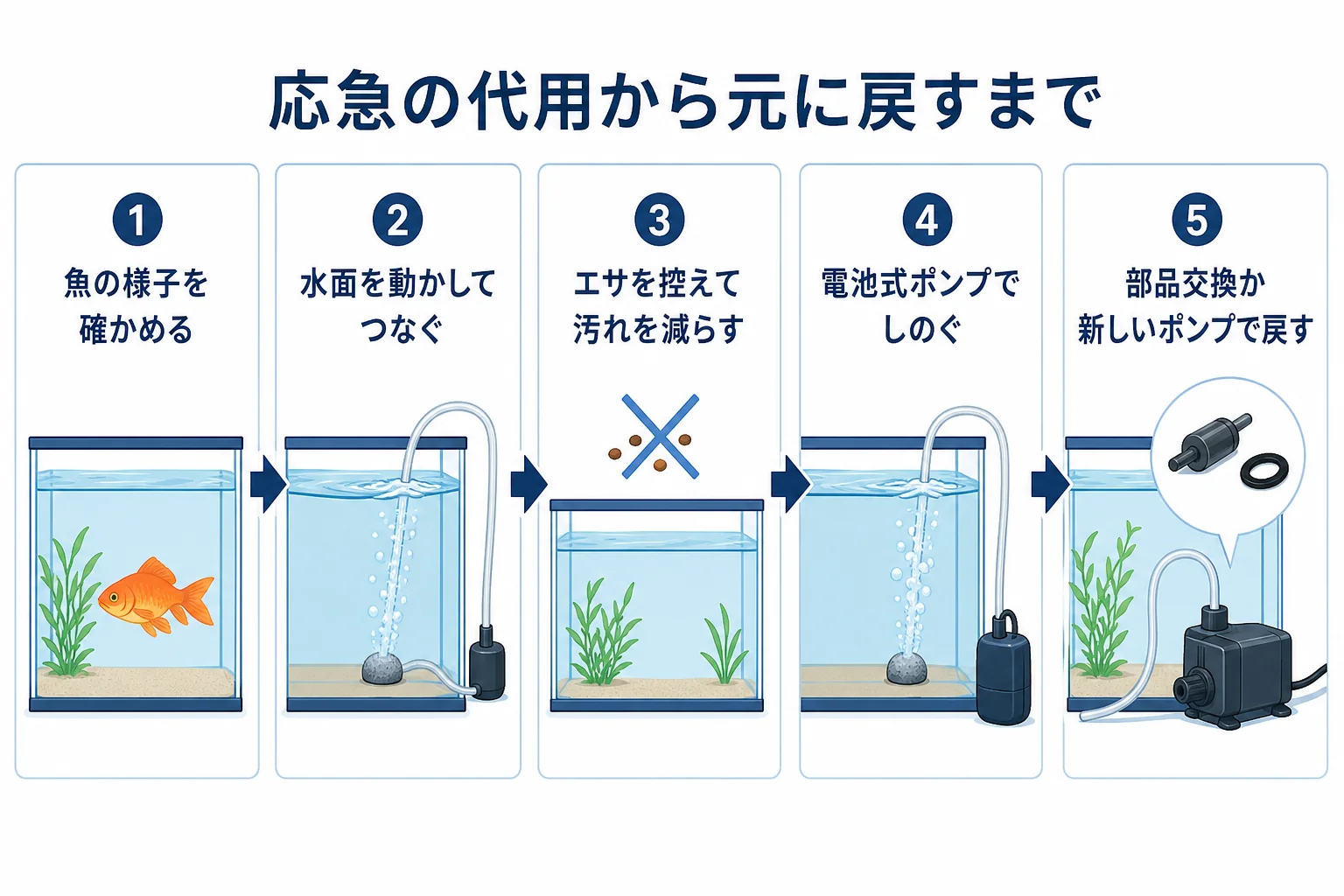 応急の代用から元のエアレーションに戻すまでの流れを示した図解