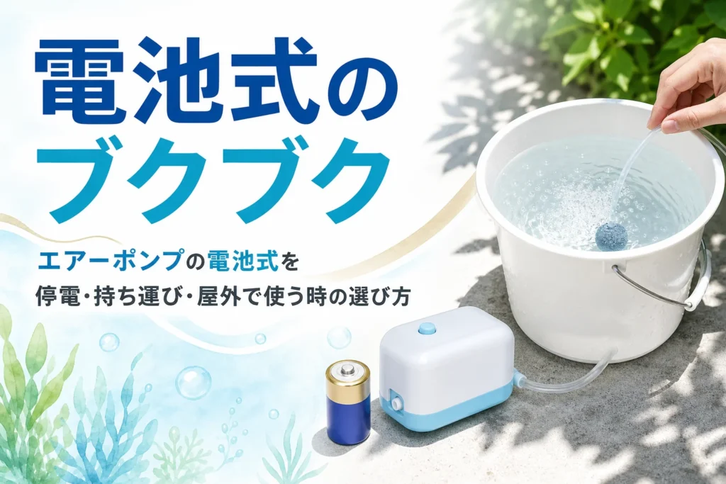 バケツの横に置いた電池式エアーポンプと乾電池と、電池式エアーポンプの選び方を紹介する記事タイトル