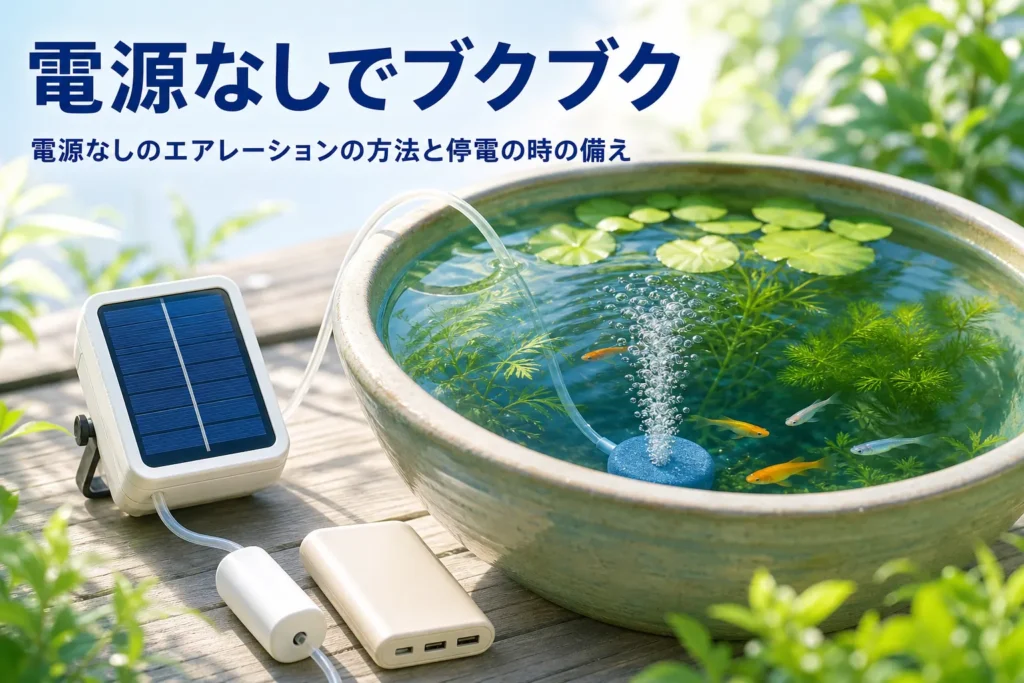 屋外の睡蓮鉢とソーラー式・電池式のエアーポンプ、電源なしのエアレーションを紹介する記事タイトル