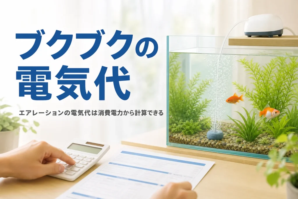 水槽の横に置いた小型エアーポンプと電卓で、エアレーションの電気代を計算するイメージと記事タイトル