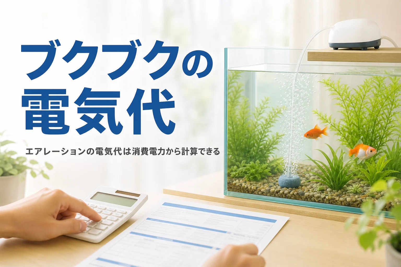 水槽の横に置いた小型エアーポンプと電卓で、エアレーションの電気代を計算するイメージと記事タイトル