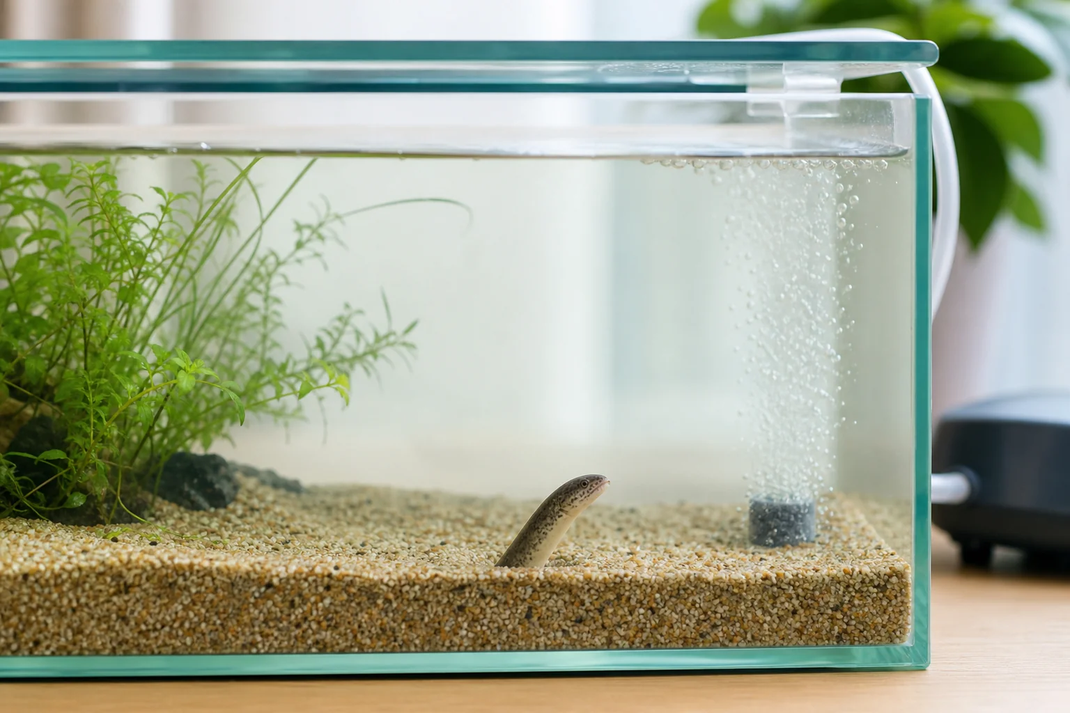 ドジョウが潜れる薄めの底砂と、空気を吸える水面のすき間を残した水槽の様子