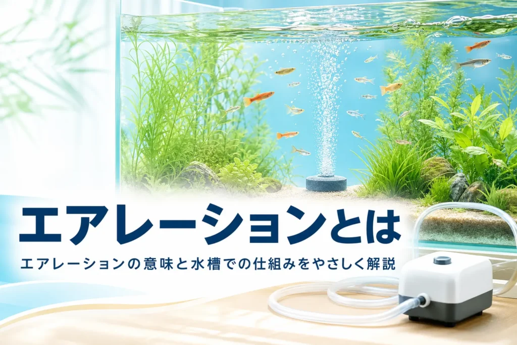エアストーンから細かい泡が立つ水草水槽と小型のエアーポンプ、エアレーションとは何かを解説する記事タイトル
