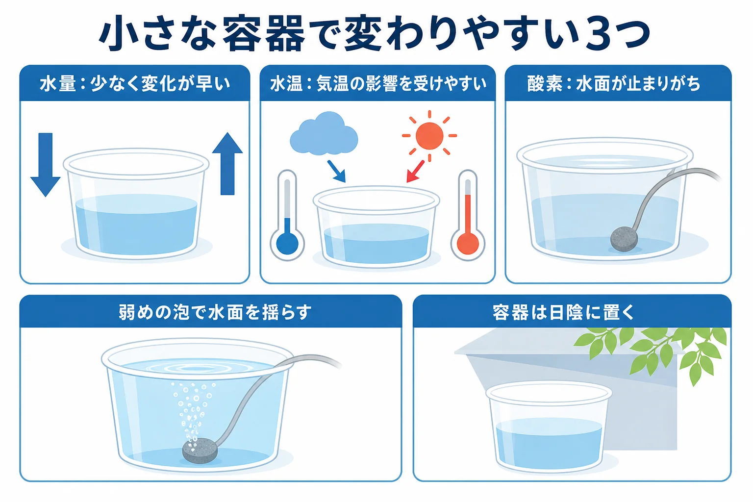 普段の水槽と塩水浴の容器で、水量・水温・酸素の変わりやすさを比べた図解