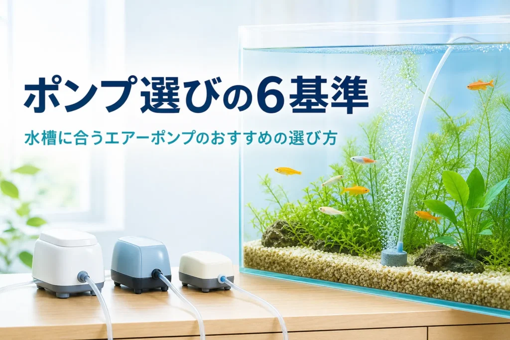水槽の横に大きさの違うエアーポンプを並べ、どれが合うかを考えるイメージと記事タイトル