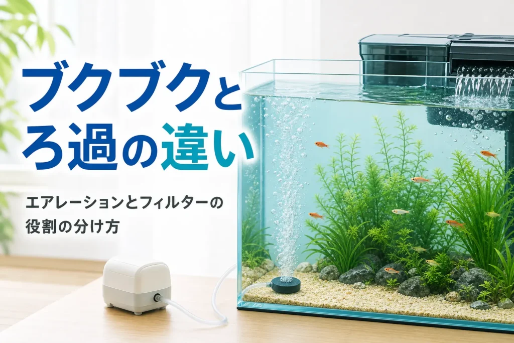 フィルターの排水とエアストーンの泡が並ぶ水槽、エアレーションとフィルターの違いを解説する記事タイトル