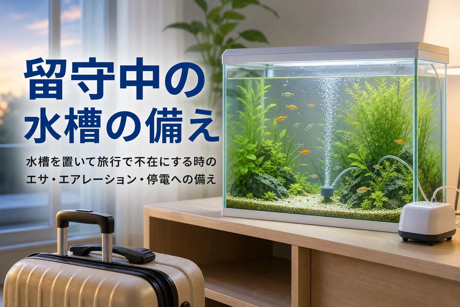 旅行用のスーツケースの奥に置かれた水槽と、留守の間の水槽の備えを紹介する記事タイトル