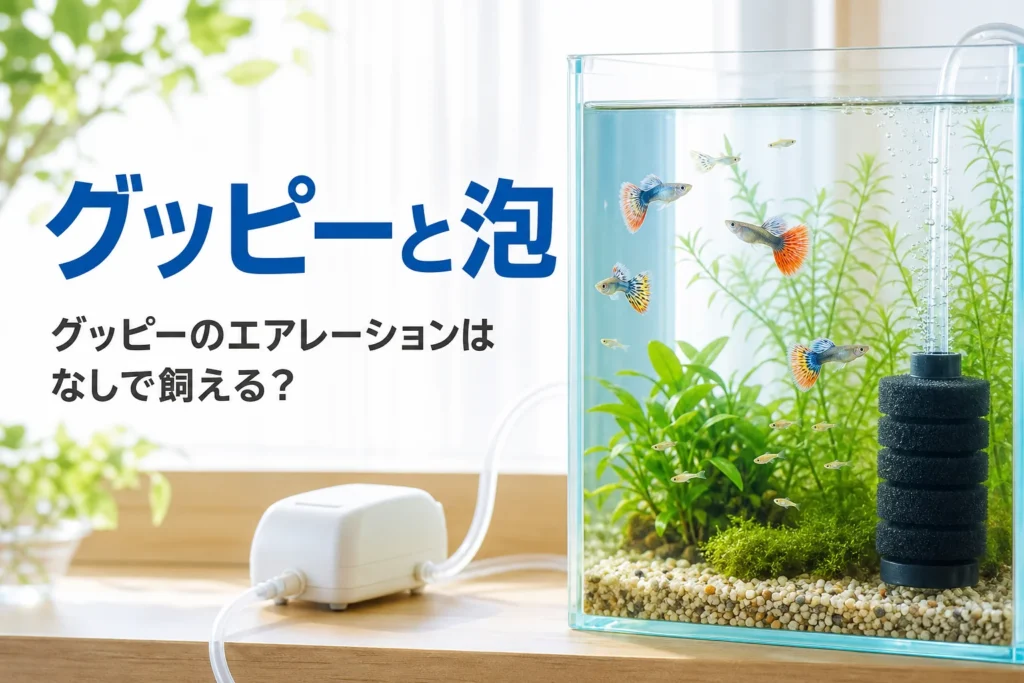 グッピーと稚魚が泳ぐ水草水槽と、端から弱い泡が上がるスポンジフィルター