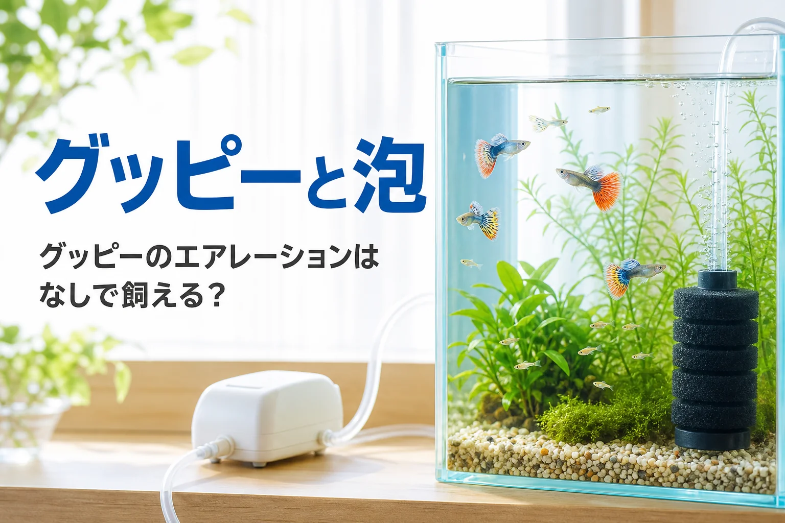 グッピーと稚魚が泳ぐ水草水槽と、端から弱い泡が上がるスポンジフィルター