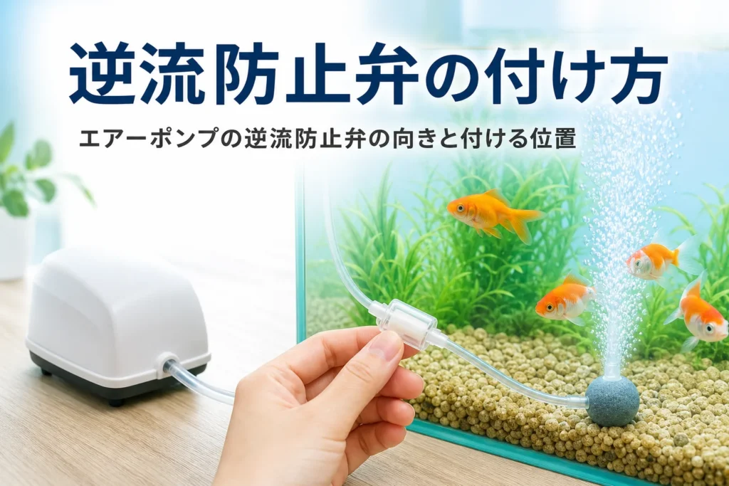 エアーチューブの途中に付けた逆流防止弁と水槽の泡、エアーポンプの逆流防止弁の付け方を紹介する記事タイトル