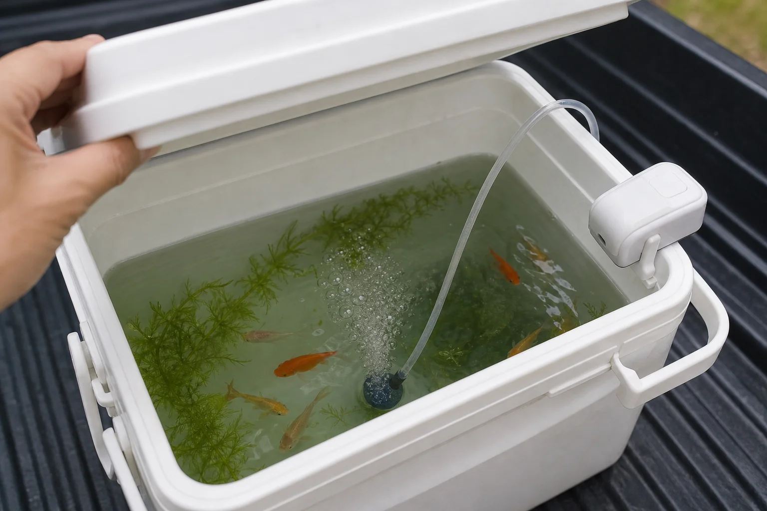 釣った魚をクーラーボックスで生かして運ぶために、乾電池式エアーポンプで泡を送っている写真