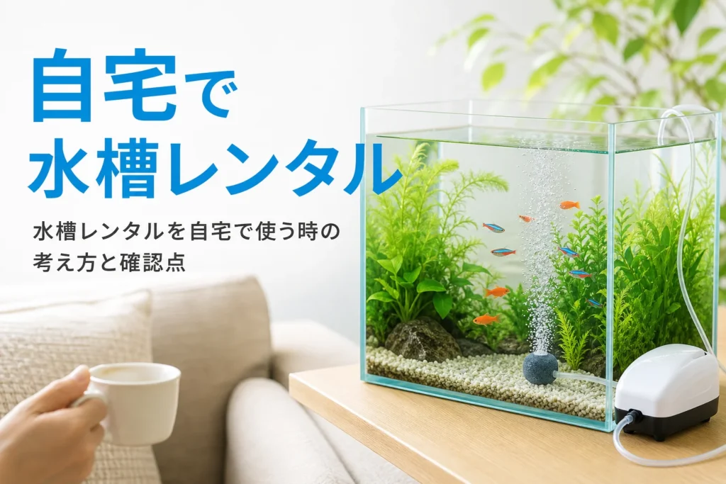 家庭のリビングに置かれた水槽と、自宅で水槽レンタルを使う時の考え方を紹介する記事タイトル