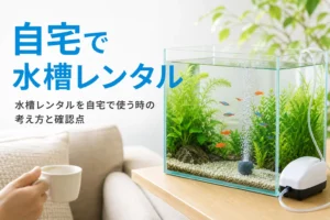 家庭のリビングに置かれた水槽と、自宅で水槽レンタルを使う時の考え方を紹介する記事タイトル