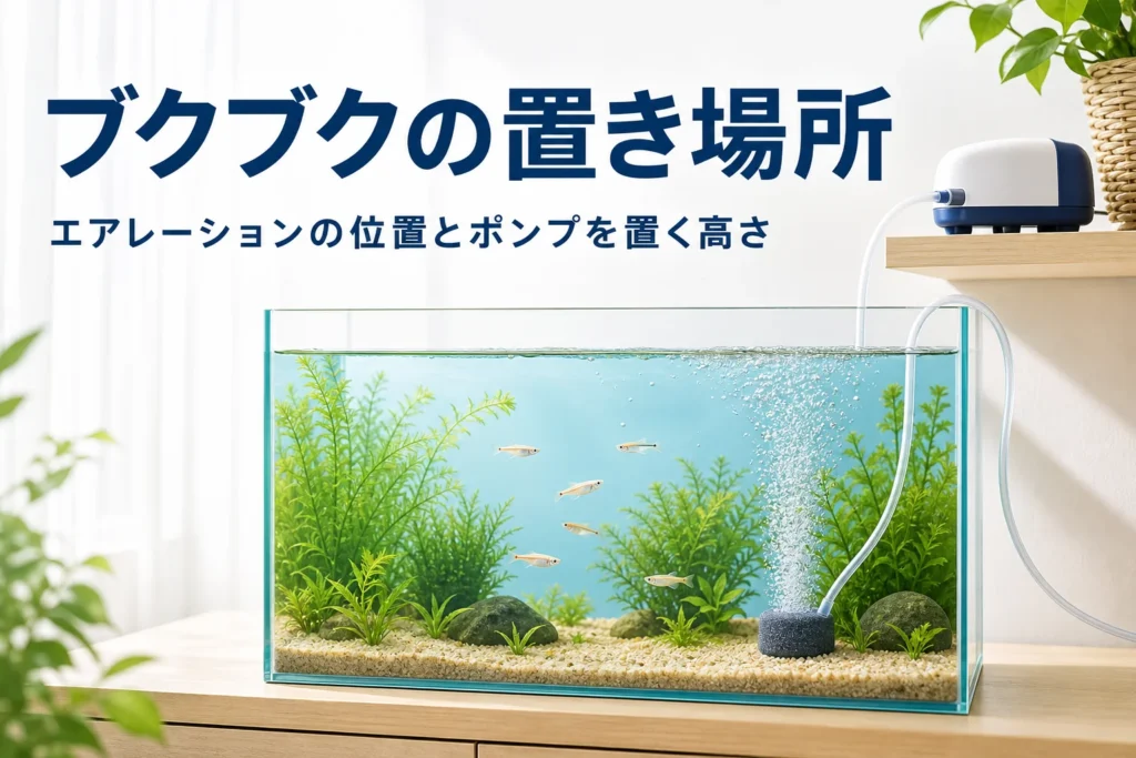 水面より高い棚に置いたエアーポンプと水槽の端で泡を出すエアストーンの様子と、エアレーションの位置を紹介する記事タイトル