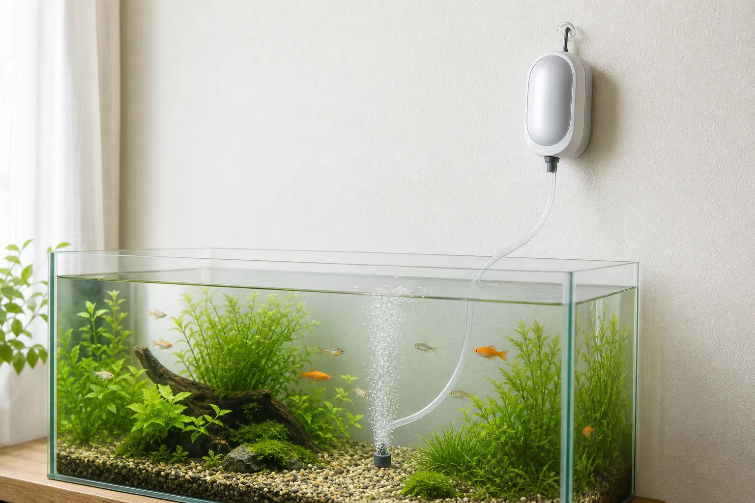 水槽の縁より上にフックで吊るしたエアーポンプと、たるみを持たせたエアチューブの様子