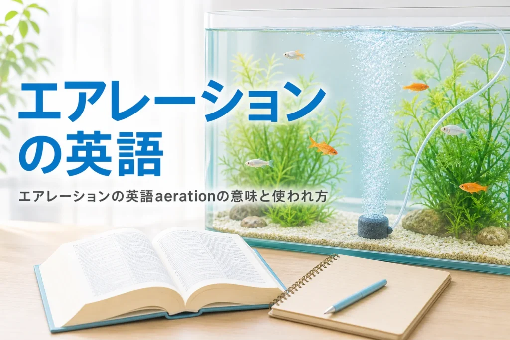 泡の立つ水槽と英語の辞書が置かれた机