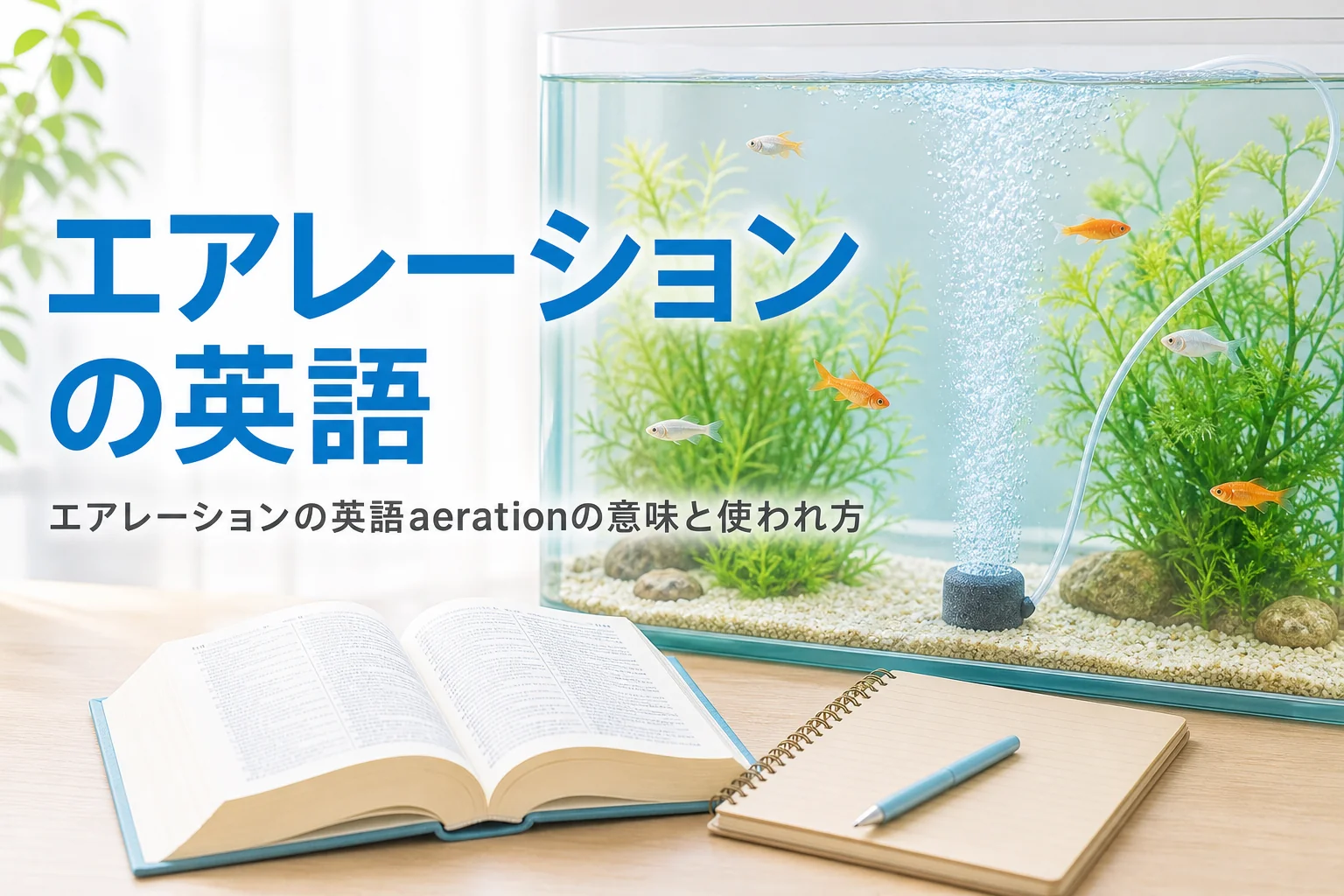 泡の立つ水槽と英語の辞書が置かれた机