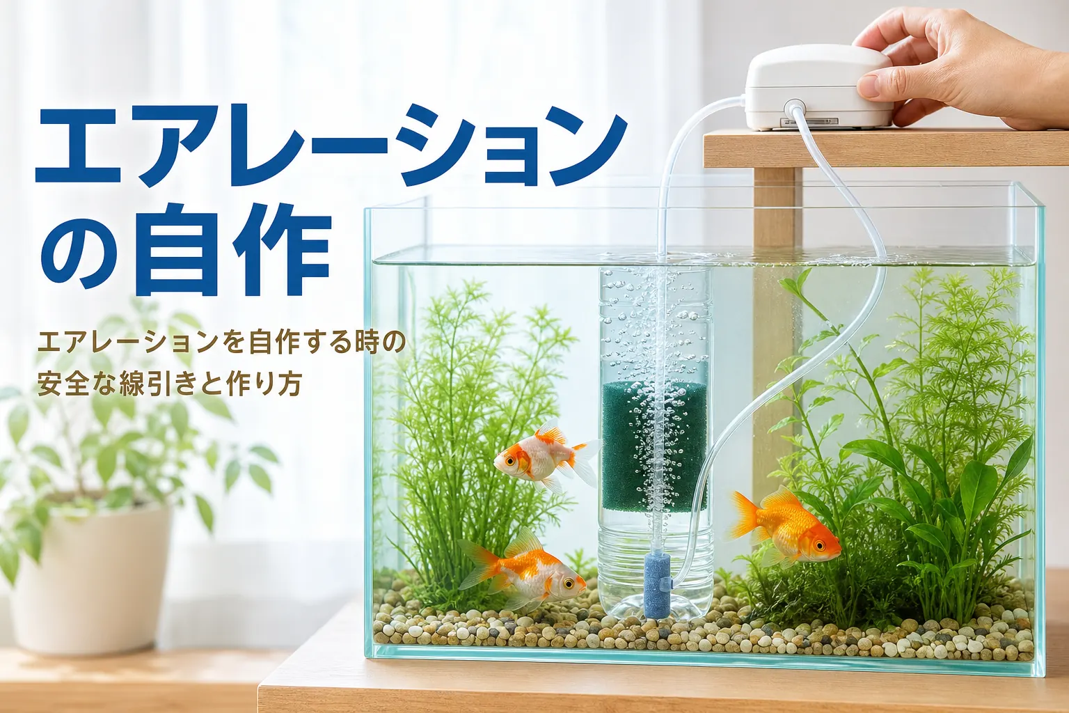 ペットボトルの筒とエアストーンで泡を出す手作りのブクブクと、エアレーションの自作を紹介する記事タイトル