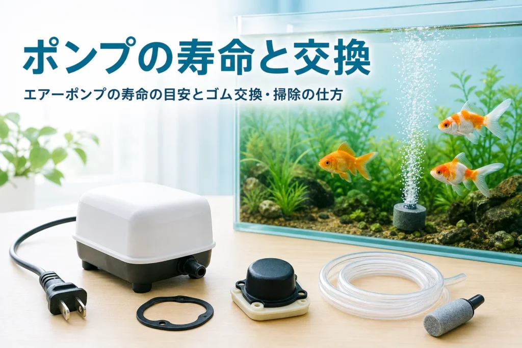 作業台に並んだエアーポンプと交換部品の奥に水槽があり、エアーポンプの寿命と交換を紹介する記事タイトル