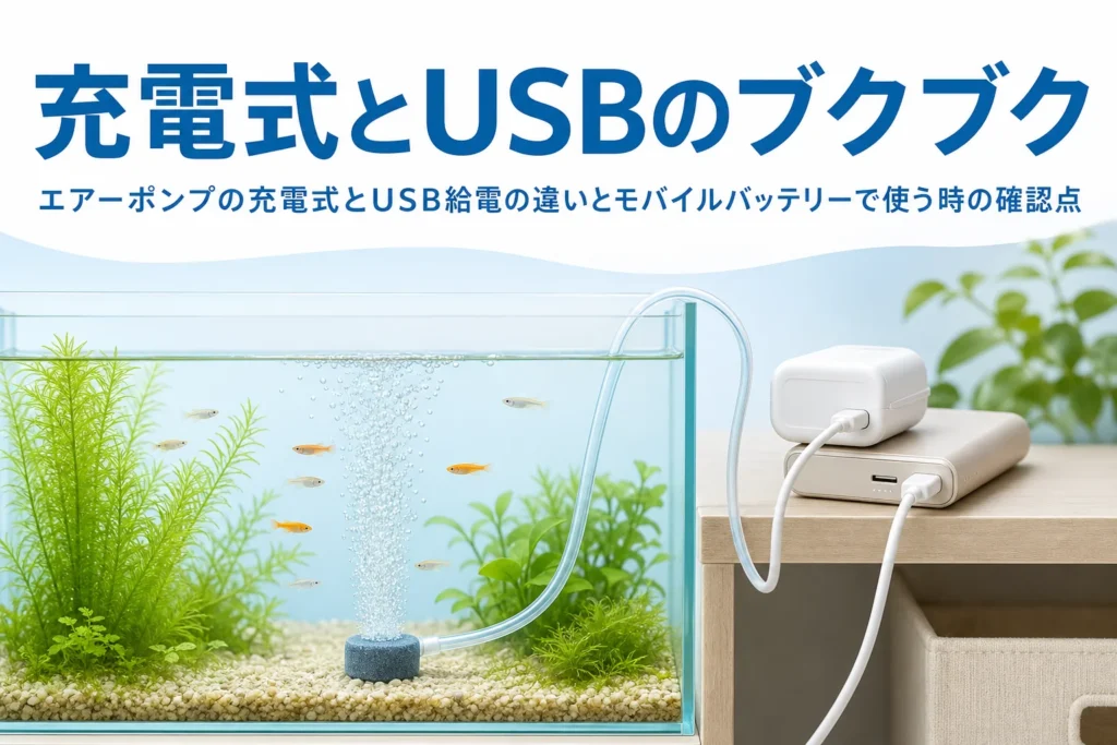 水槽の横の高い位置に置いたUSBエアーポンプとモバイルバッテリーと、充電式とUSBのエアーポンプを紹介する記事タイトル