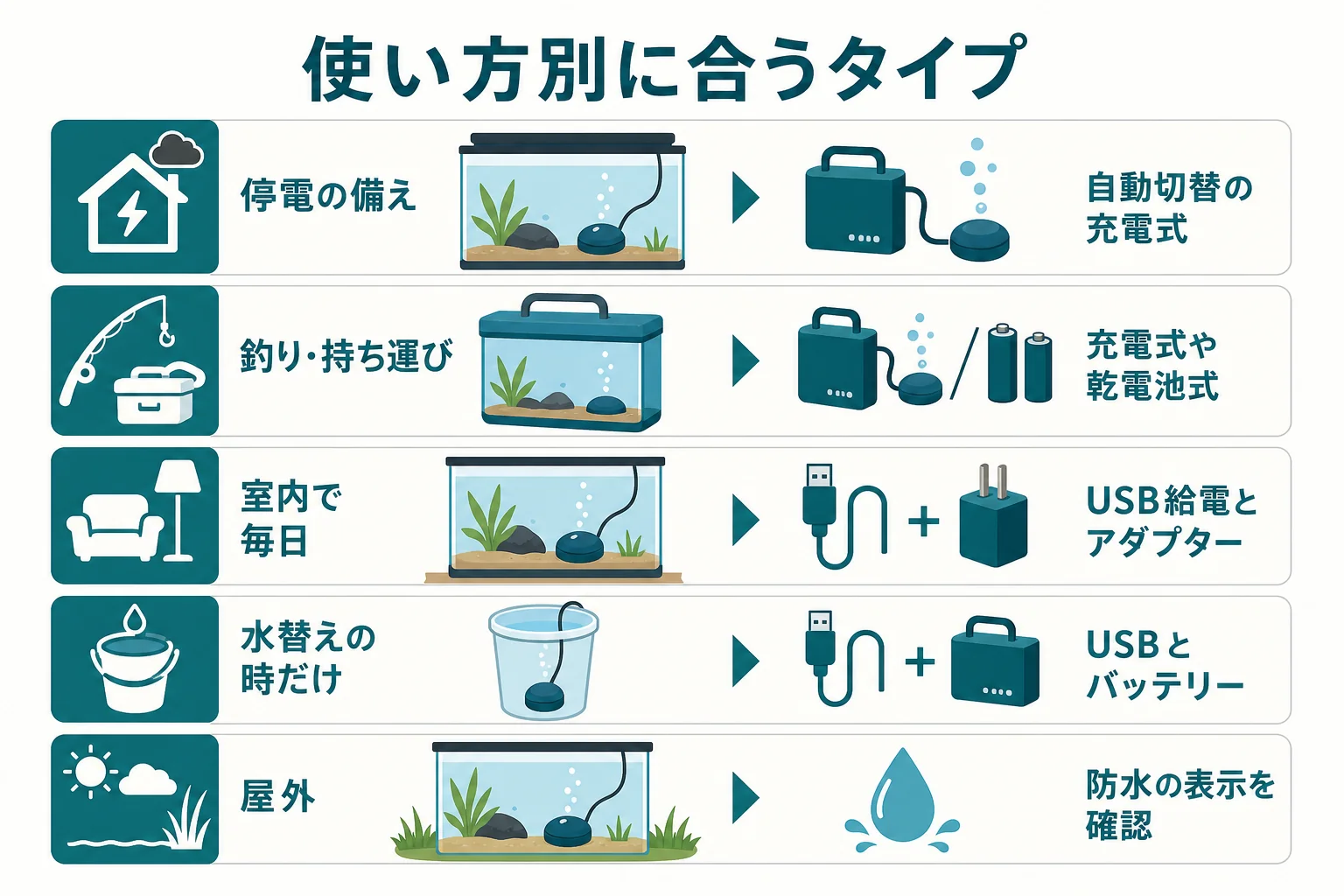充電式とUSB給電のエアーポンプを使い方別に選ぶ目安をまとめた図解
