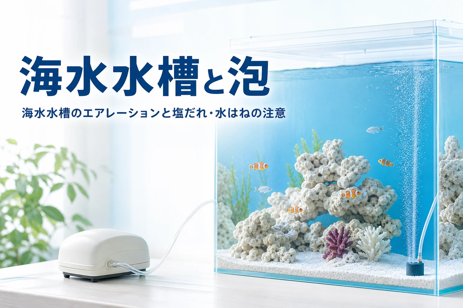 海水魚が泳ぐ明るい海水水槽と、端から細かい泡が控えめに上がるエアストーン