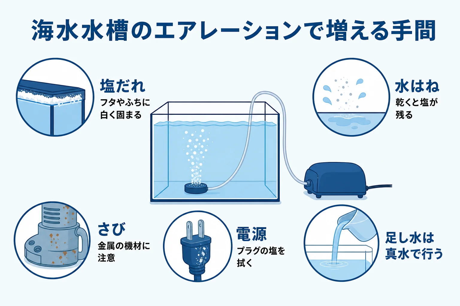 淡水水槽と比べて、海水水槽のエアレーションで増える塩だれ・水はね・さびの手間を整理した図解