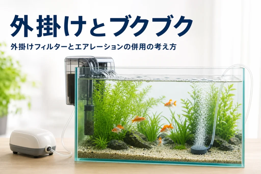 外掛けフィルターの排水とエアストーンの泡が並ぶ水槽、外掛けフィルターとエアレーションを解説する記事タイトル