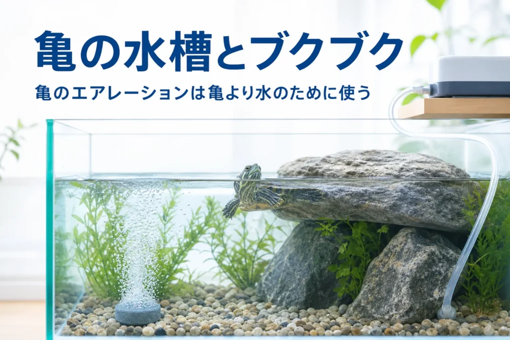 陸場のある水槽で亀が水面から顔を出し、隅に泡が立つ様子