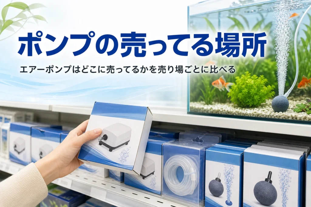 観賞魚用品の売り場でエアーポンプの箱を手に取る様子と記事タイトル