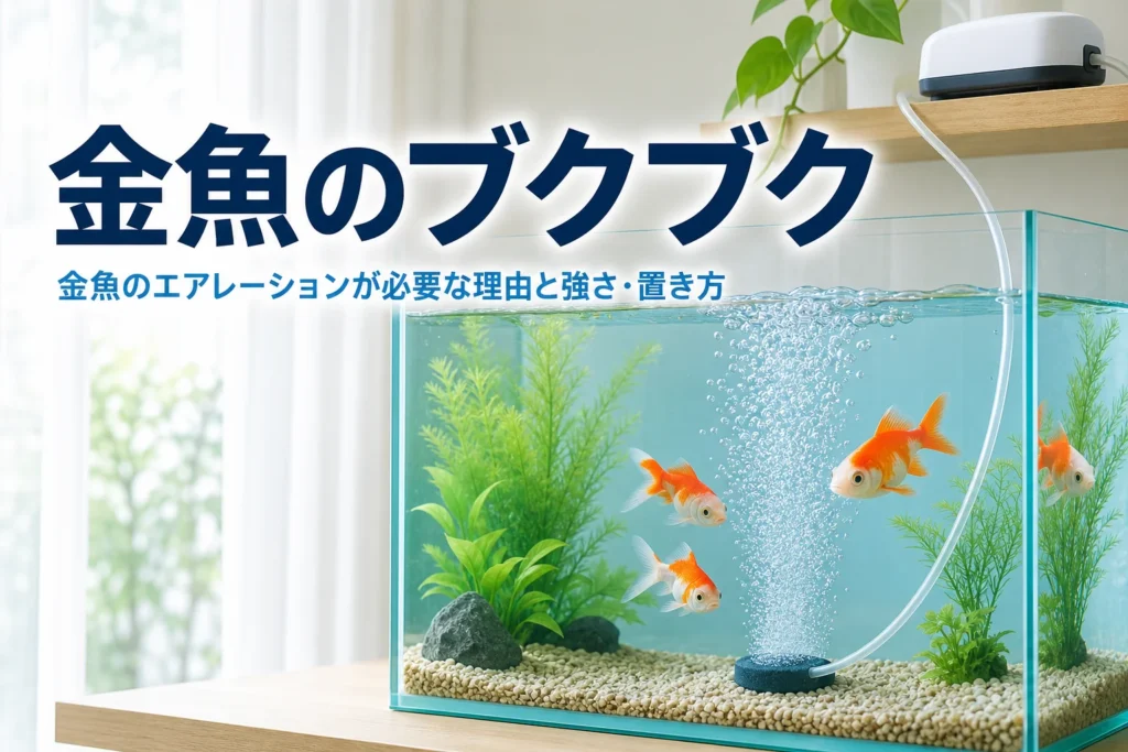エアストーンの泡が立つ水槽で金魚が泳いでいる様子