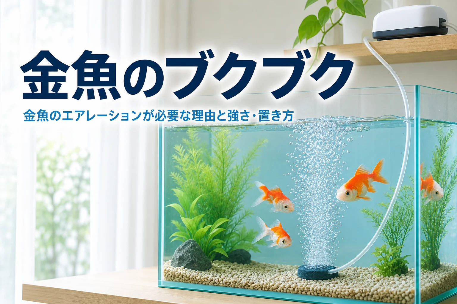 エアストーンの泡が立つ水槽で金魚が泳いでいる様子