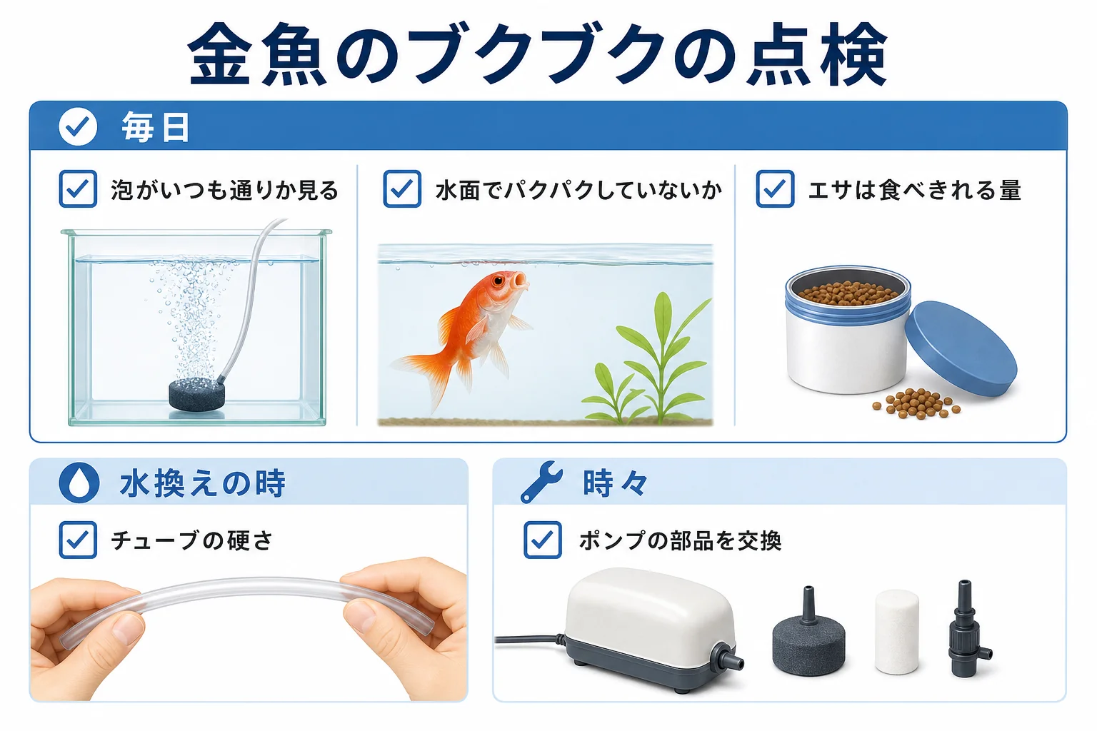 金魚のエアレーションの毎日の点検と時々の手入れを分けて示した図解