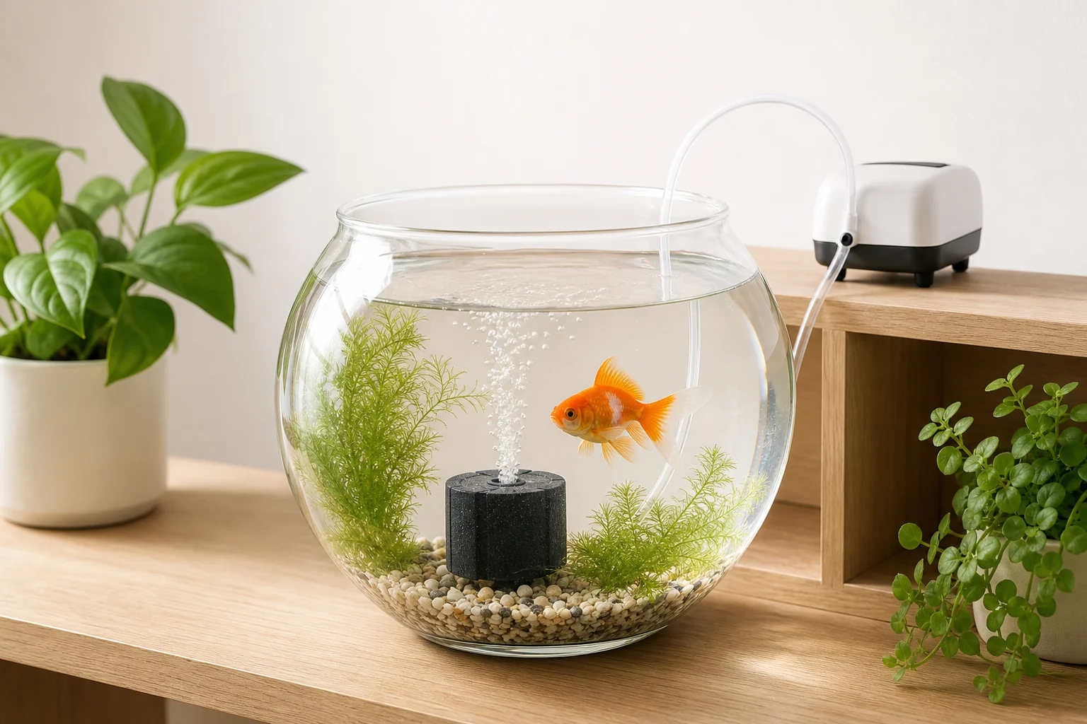 金魚鉢に小さな投げ込み式フィルターを入れてブクブクさせている様子