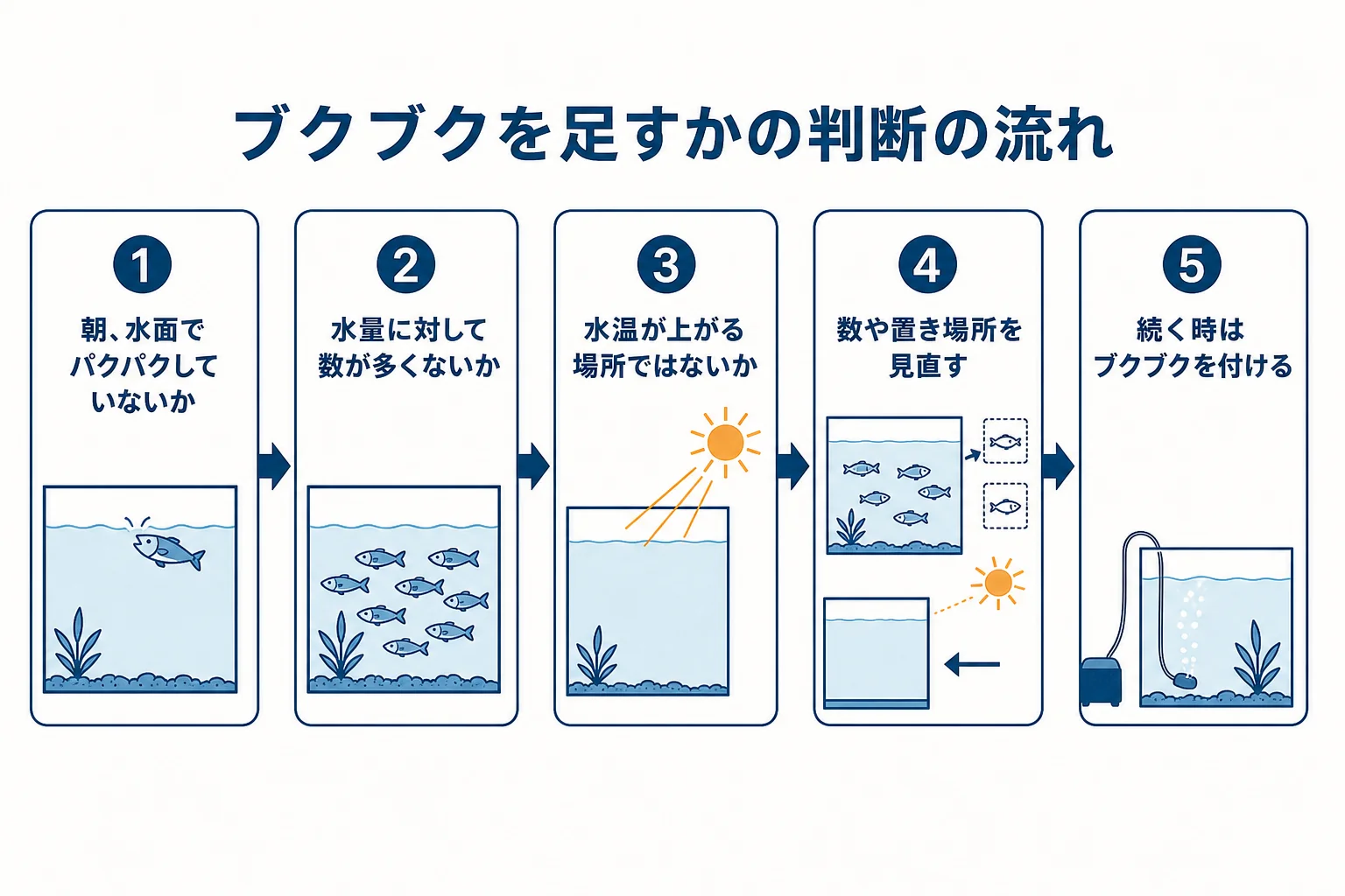 金魚の水槽にブクブクを足すかどうかを、朝の様子から順番に確かめる判断の流れの図解