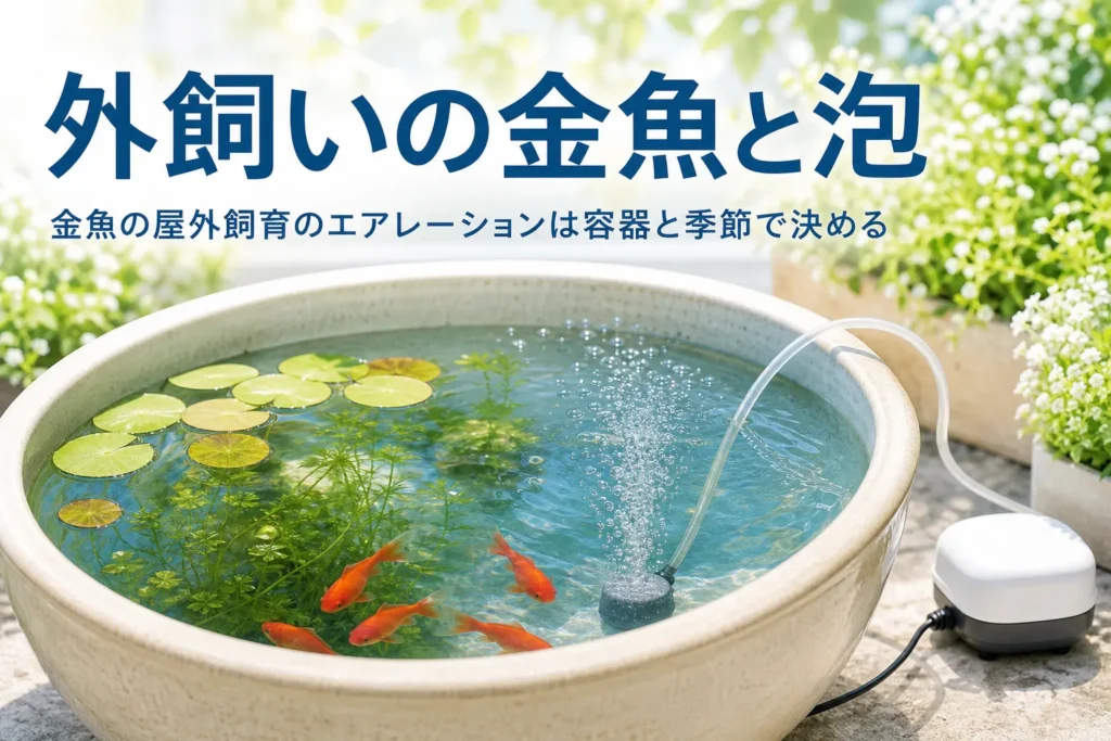 金魚が泳ぐ屋外の睡蓮鉢と、端から小さな泡が上がるエアチューブ