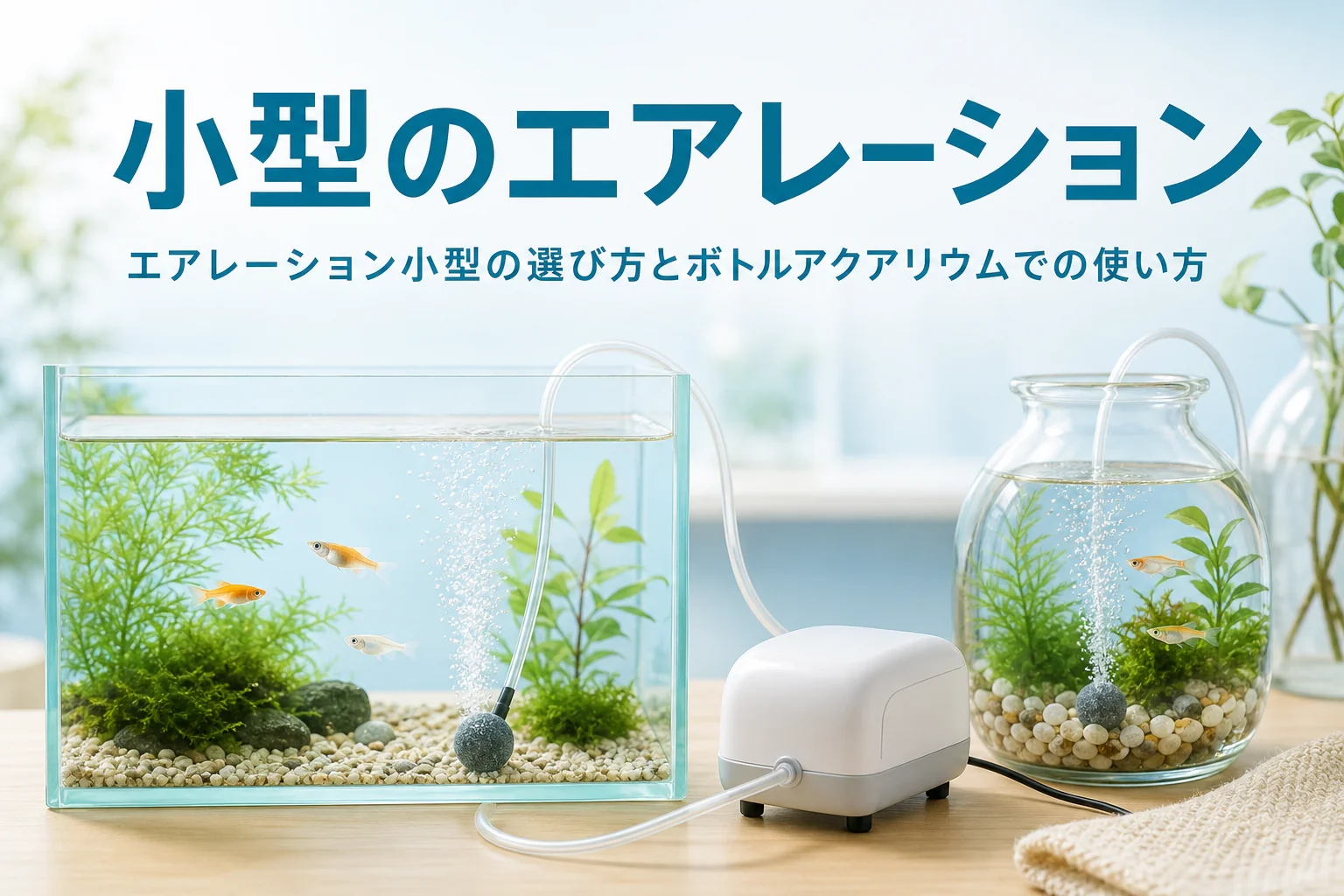 机の上の小さな水槽とボトルアクアリウムで小型エアーポンプからやさしい泡が立つ様子と、小型のエアレーションを紹介する記事タイトル