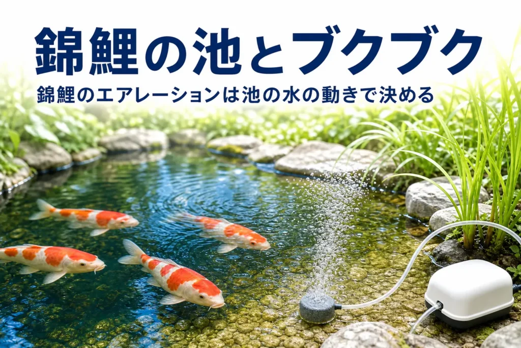 錦鯉が泳ぐ庭の池と、端の浅い場所から泡が上がるエアストーン