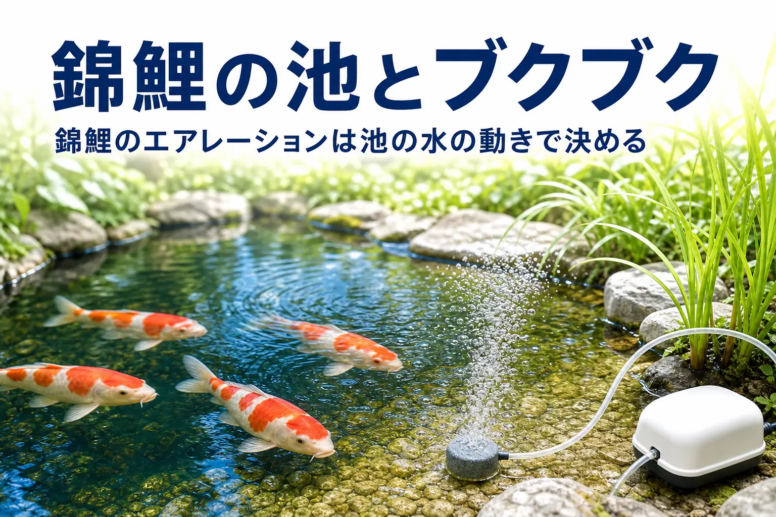 錦鯉が泳ぐ庭の池と、端の浅い場所から泡が上がるエアストーン