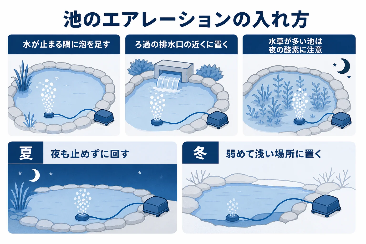 池の広さ・深さ・季節ごとに、エアレーションを入れる場所と強さを整理した図解