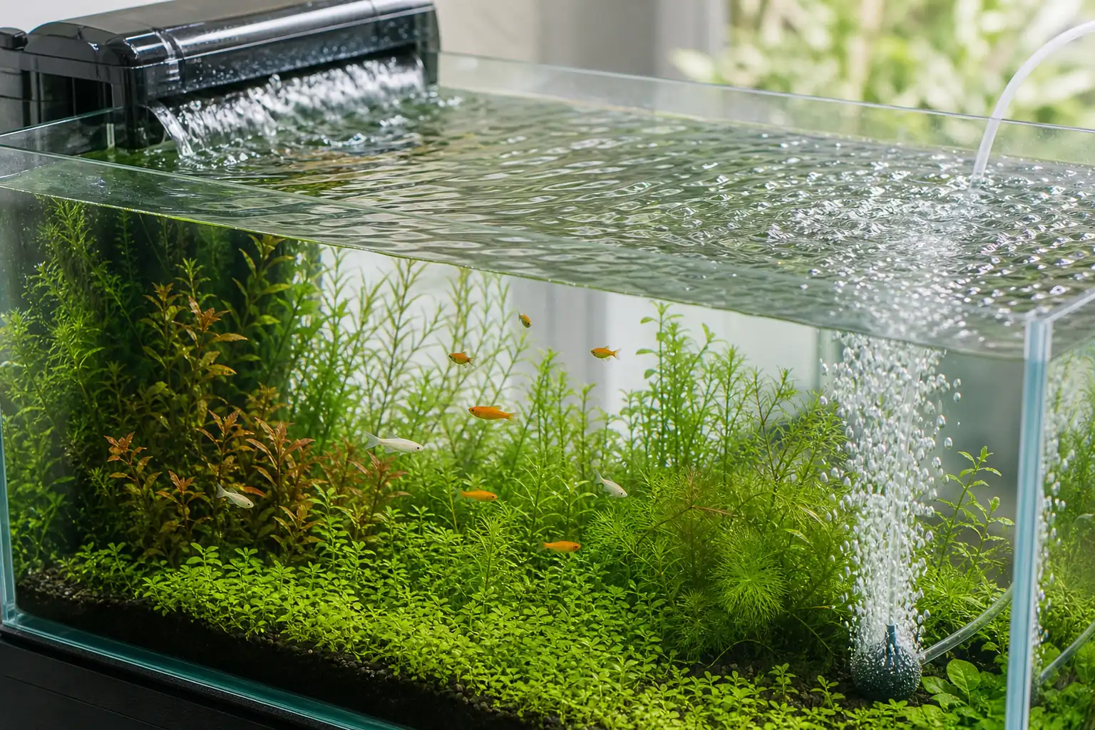 フィルターの排水とエアストーンの泡で水面全体が揺れている水槽