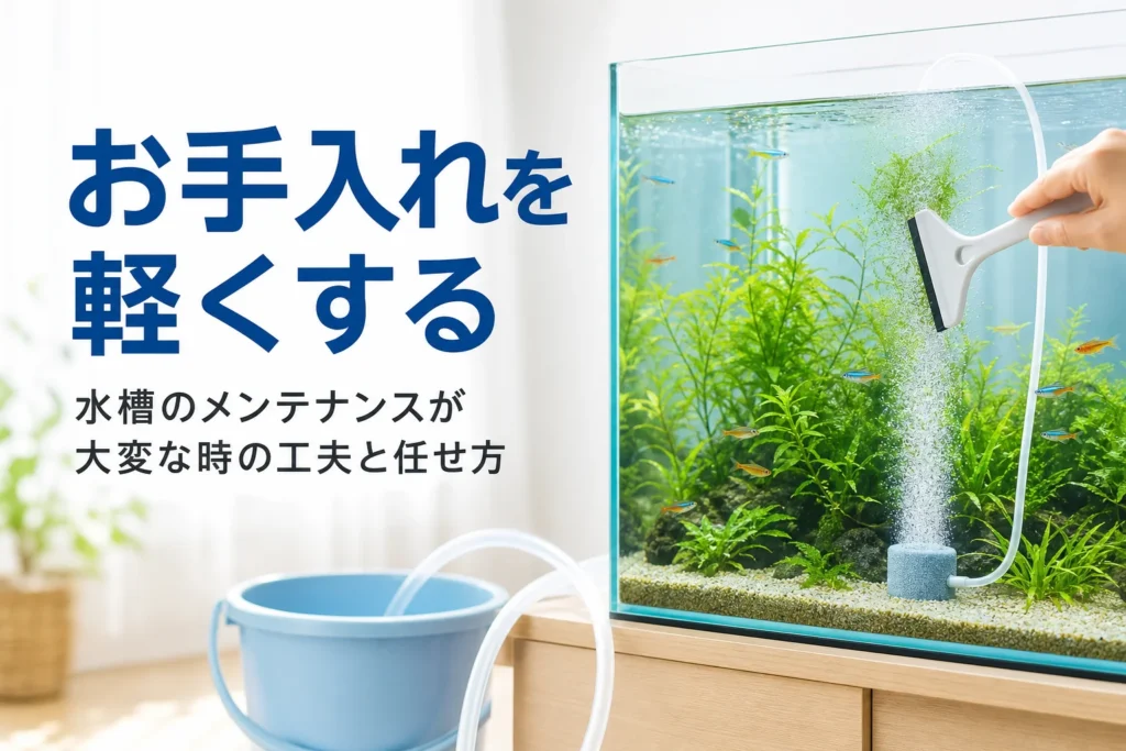 水槽のガラスを掃除している手元と水換えの道具、水槽のメンテナンスの工夫を紹介する記事タイトル